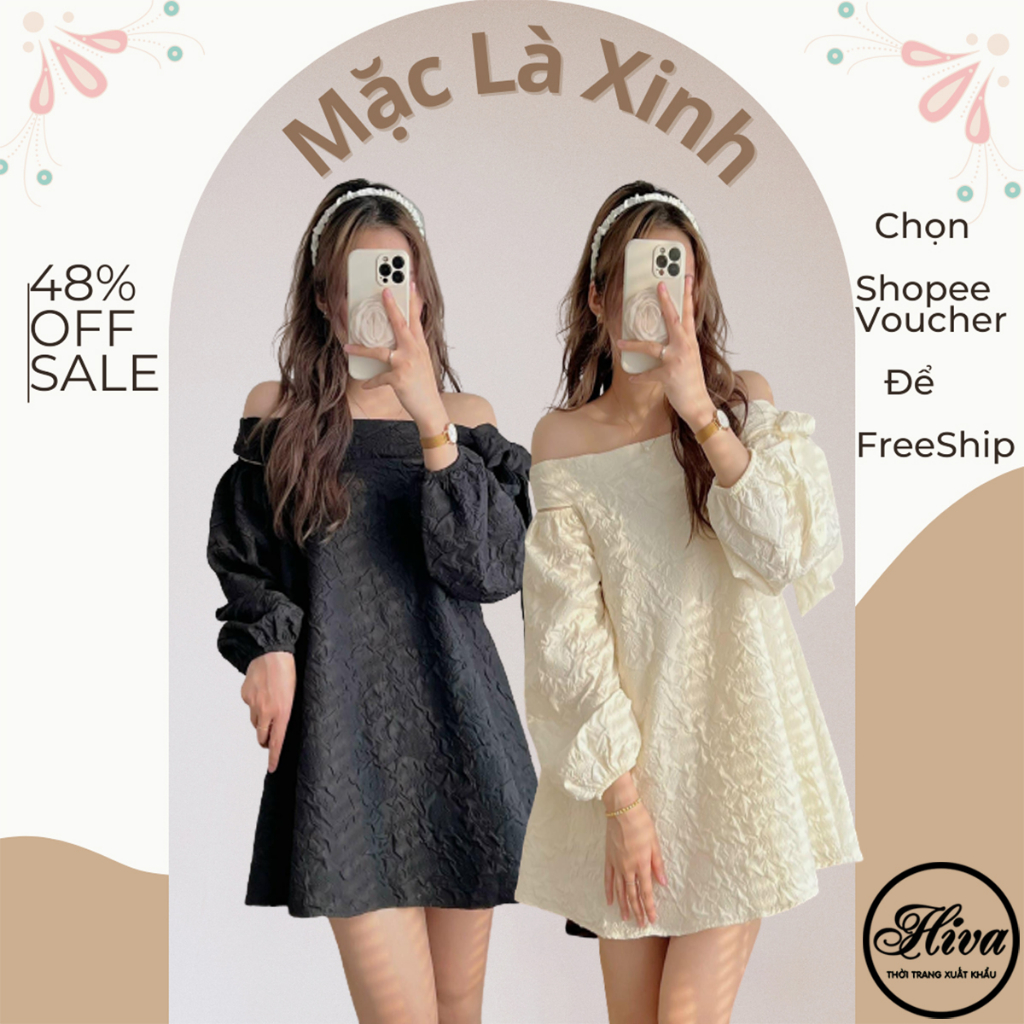 Váy hoa nổi trễ nơ vai tay dài babydoll , Đầm vintage dáng ngắn (ảnh video thật)