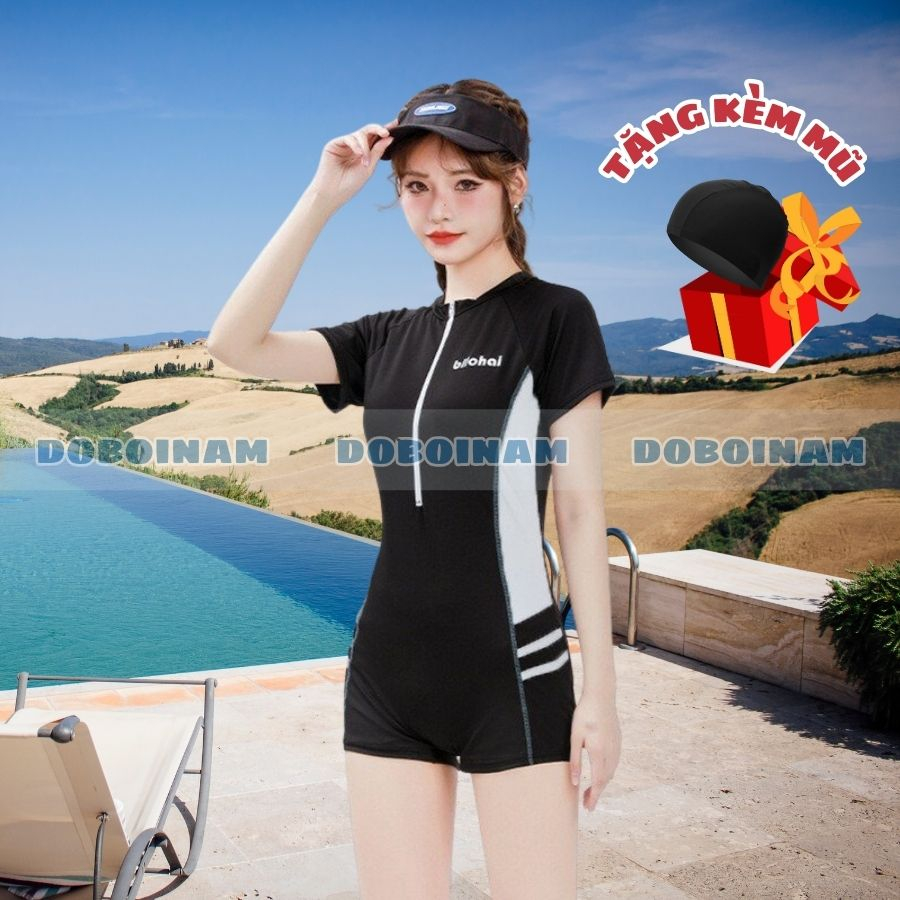 Áo bơi nữ liền thân ngắn tay Đen họa tiết sọc trắng co giãn 4 chiều TẶNG kèm mũ bơi