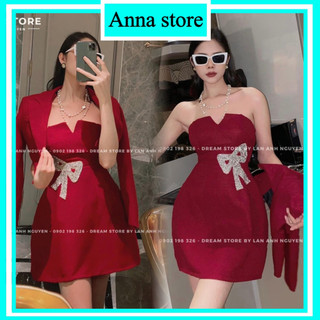 Đầm ngắn cúp ngực đính nơ đá kèm khoác M960