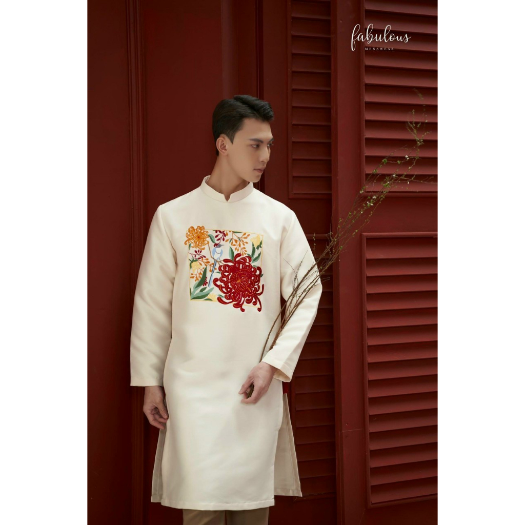 Áo dài nam cách tân thêu hoa cúc đẹp cao cấp,truyền thống mặc tết, chụp ảnh  - Mai áo dài