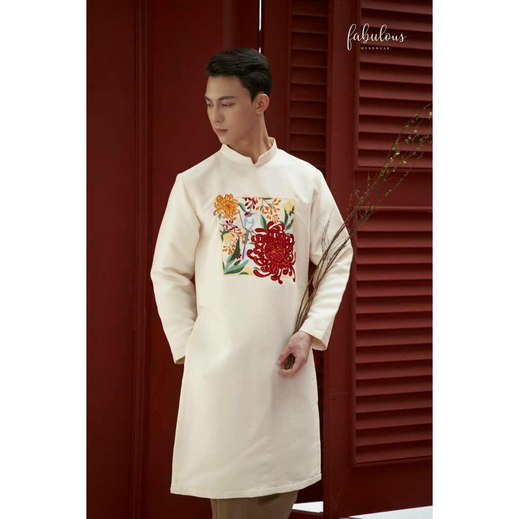 Áo dài nam cách tân thêu hoa cúc đẹp cao cấp,truyền thống mặc tết, chụp ảnh  - Mai áo dài