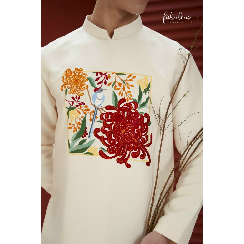 Áo dài nam cách tân thêu hoa cúc đẹp cao cấp,truyền thống mặc tết, chụp ảnh  - Mai áo dài