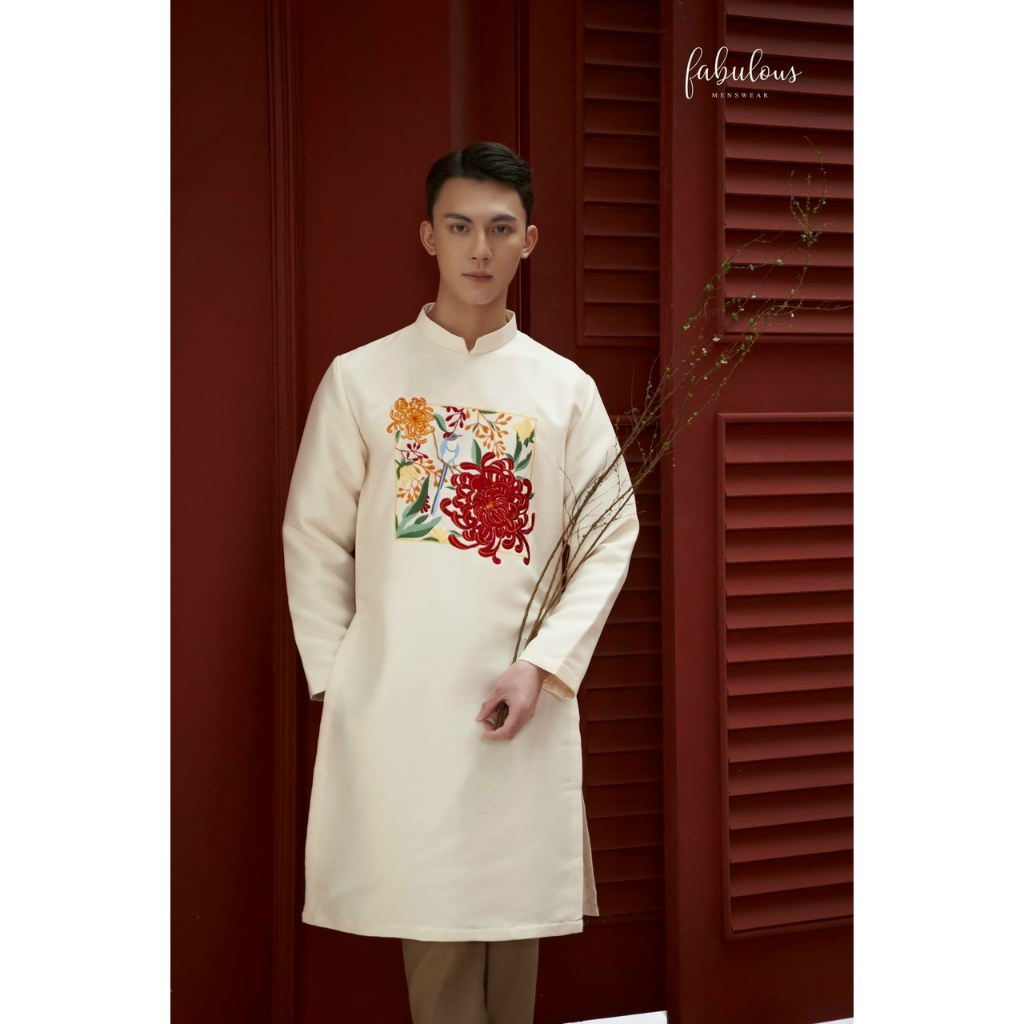 Áo dài nam cách tân thêu hoa cúc đẹp cao cấp,truyền thống mặc tết, chụp ảnh  - Mai áo dài