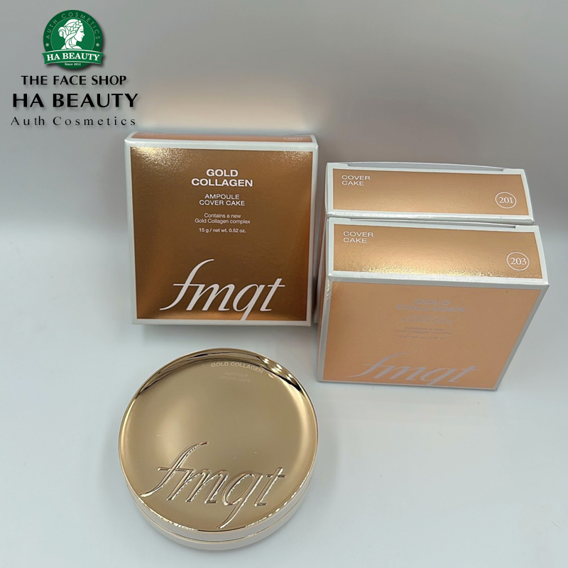 Phấn nền dạng kem The Face Shop dưỡng da chống lão hóa chống nắng fmgt Gold Collagen Ampoule Cover Cake SPF50 PA+++
