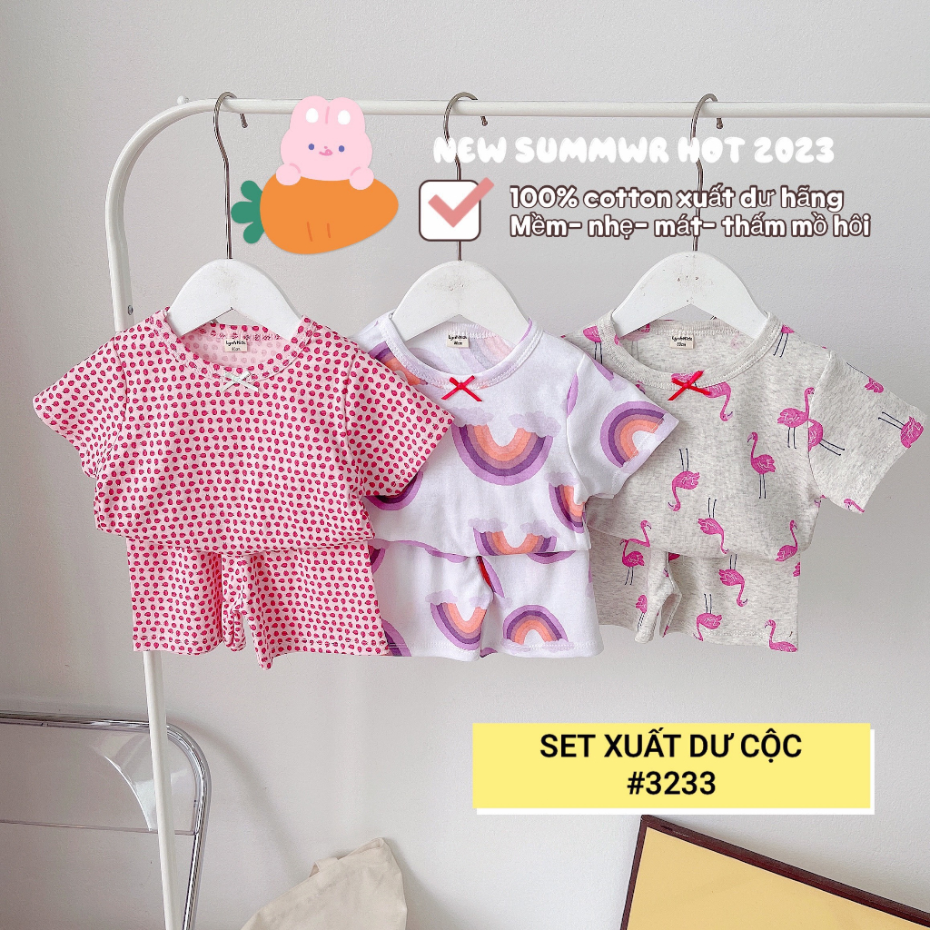 [Xả size15-18kg) Set 3 bộ Cotton xuất dư cho bé gái- Bộ cotton cộc tay mùa hè
