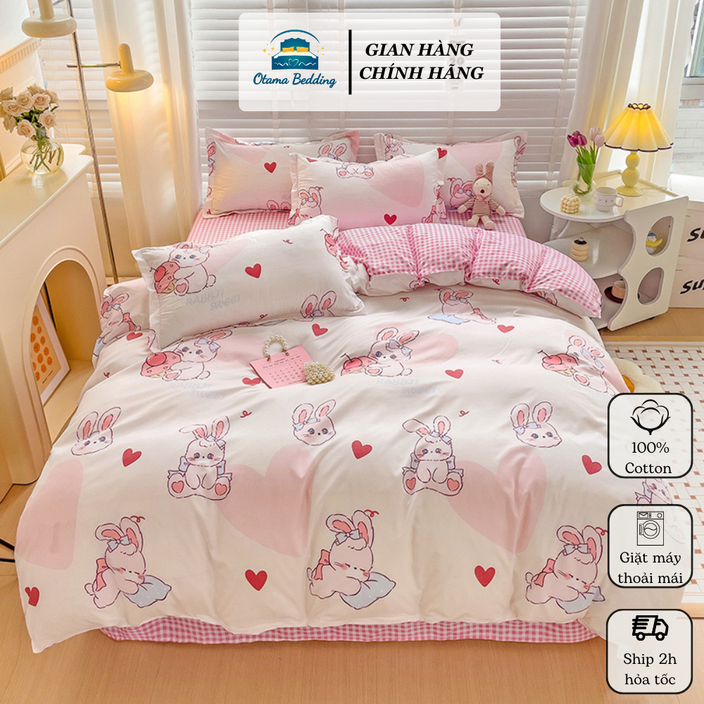 Bộ chăn ga gối cotton poly drap giường họa tiết cute cho bé Otama Bedding ga bọc nệm bo chun hoặc ra phủ đủ size
