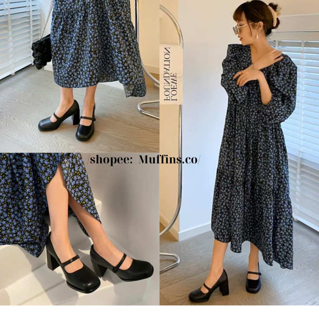 Giày cao gót nữ Mary Jane mũi vuông quai ngang phiên bản da lì phong cách Retro vintage