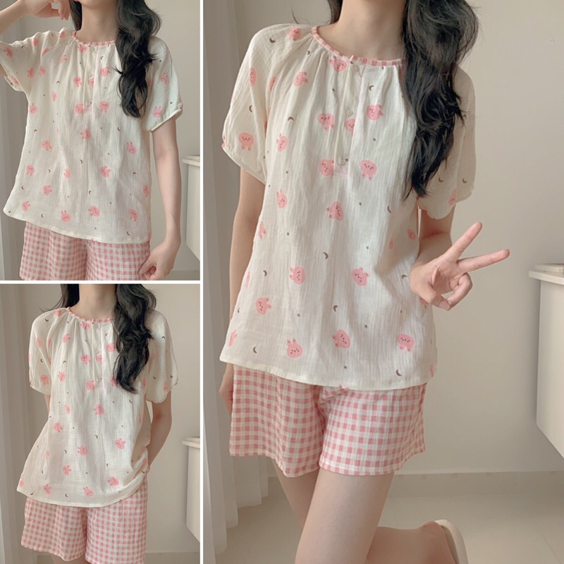 Bộ Đùi Cổ Trụ Mặc Nhà NERSIN Cao Cấp tay ráp lăng (muslin)