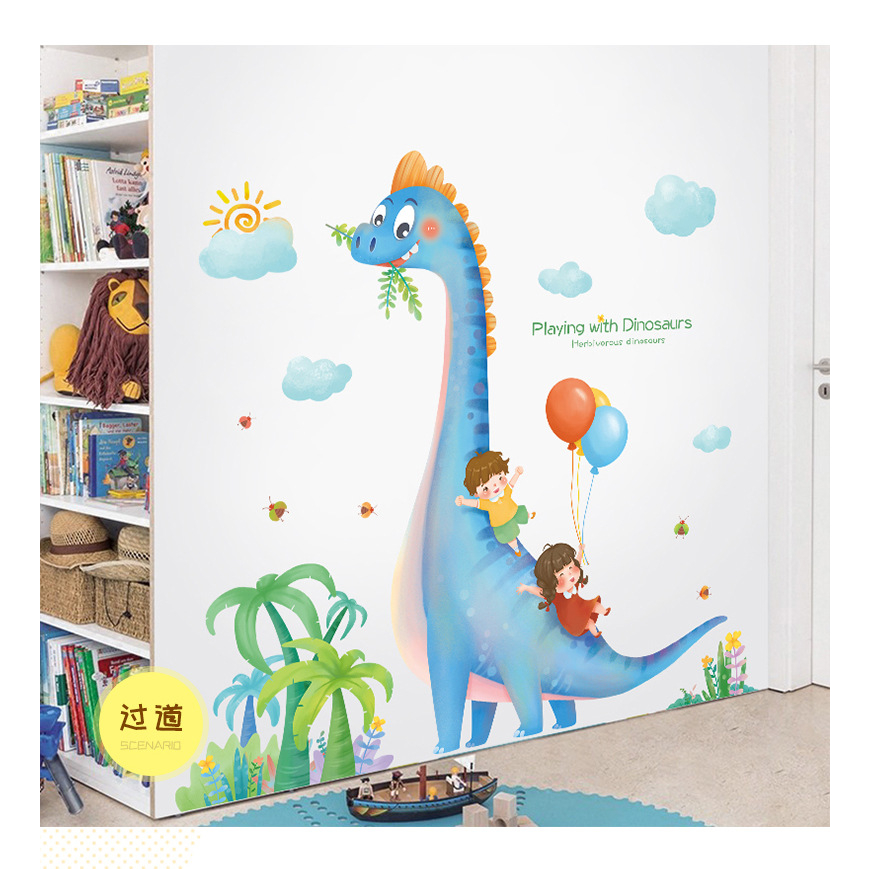 Decal dán tường họa tiết khủng long xanh trang trí cửa phòng ngủ, phòng khách, tủ quần áo, vách kính nhà tắm Huệ Decor