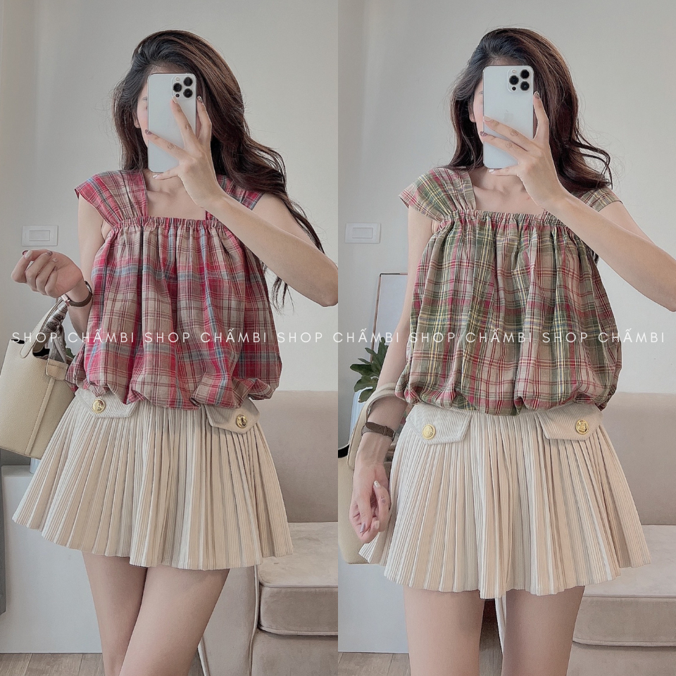 Áo 2 dây nữ A.496, Áo 2 dây bản to beo chun eo phồng dưới họa tiết kẻ đỏ hottrend - Shop Chấm Bi