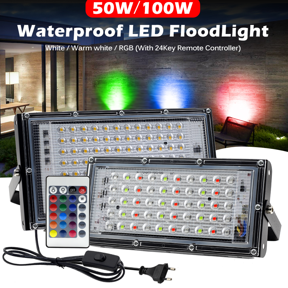 50W 100W RGB Pha AC220V Với Phích Cắm Châu Âu Ánh Sáng Trắng Ánh Sáng Ấm Áp Đèn Trợ Sáng IP65 Chống Nước lũ Ánh Sáng