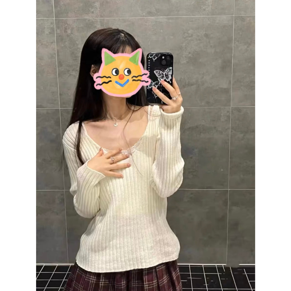 Áo Len Dệt Kim Tay Dài V Neck Cable Knit Jumper
