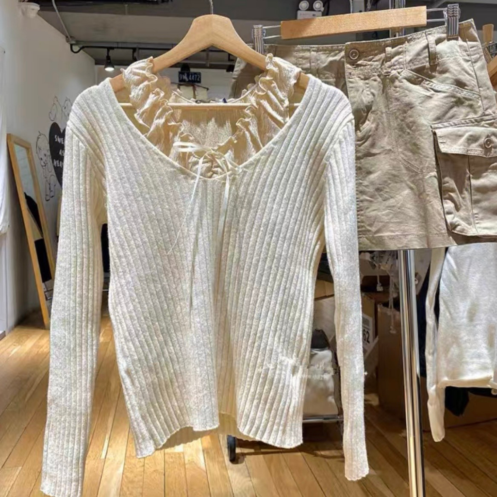 Áo Len Dệt Kim Tay Dài V Neck Cable Knit Jumper