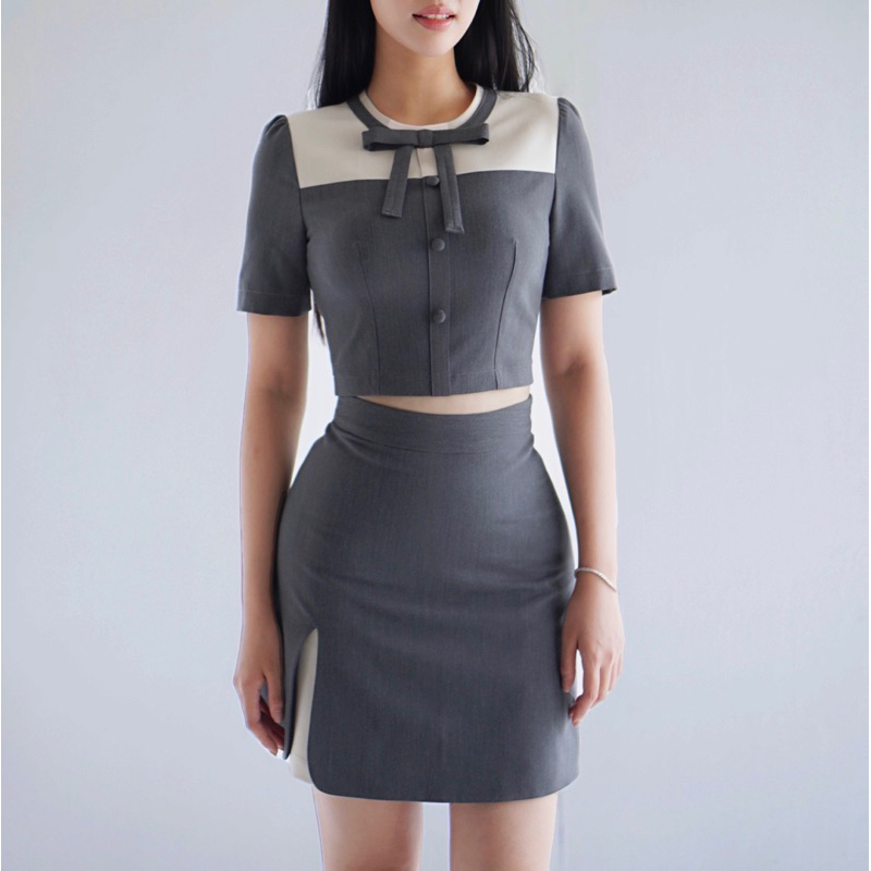 Set Đồ Nữ Gồm Áo CropTop Đính Nơ Jirene Top Sonnet và Chân Váy Ngắn Xẻ Đùi,Bộ Đồ Nữ Tiểu Thư, Trẻ Trung