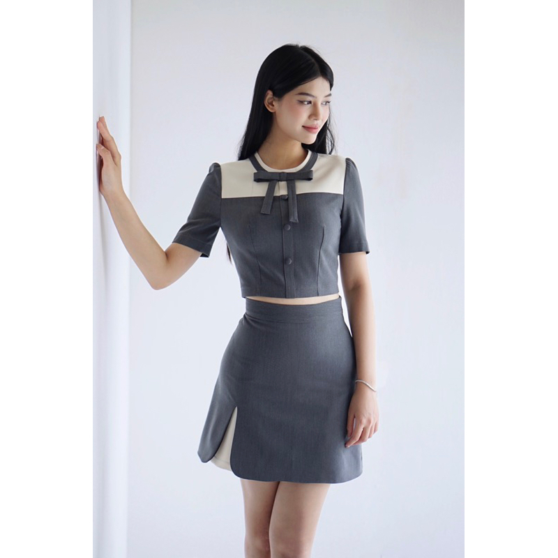 Set Đồ Nữ Gồm Áo CropTop Đính Nơ Jirene Top Sonnet và Chân Váy Ngắn Xẻ Đùi,Bộ Đồ Nữ Tiểu Thư, Trẻ Trung