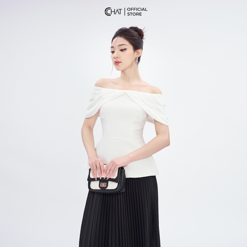 Áo Kiểu Nữ 𝐂𝐂𝐇𝐀𝐓 Dáng Peplum Trễ Vai Xếp Nếp Chất Tuytsi Cao Cấp 53ANS2018PT