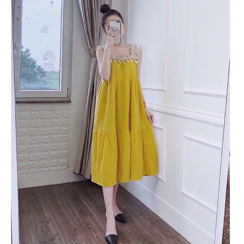 Váy Bầu xát nách Cổ bèo nơ Dáng Dài- Đầm Bầu Đi Tiệc Mùa Hè