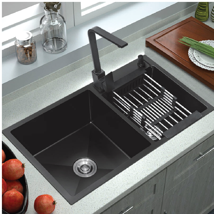 Chậu rửa bát Palado PLD655G, chất liệu inox 304 phủ nano. Loại 2 hố lệch. Màu đen. Kích thước 880*450*220mm. Tặng 1 rổ