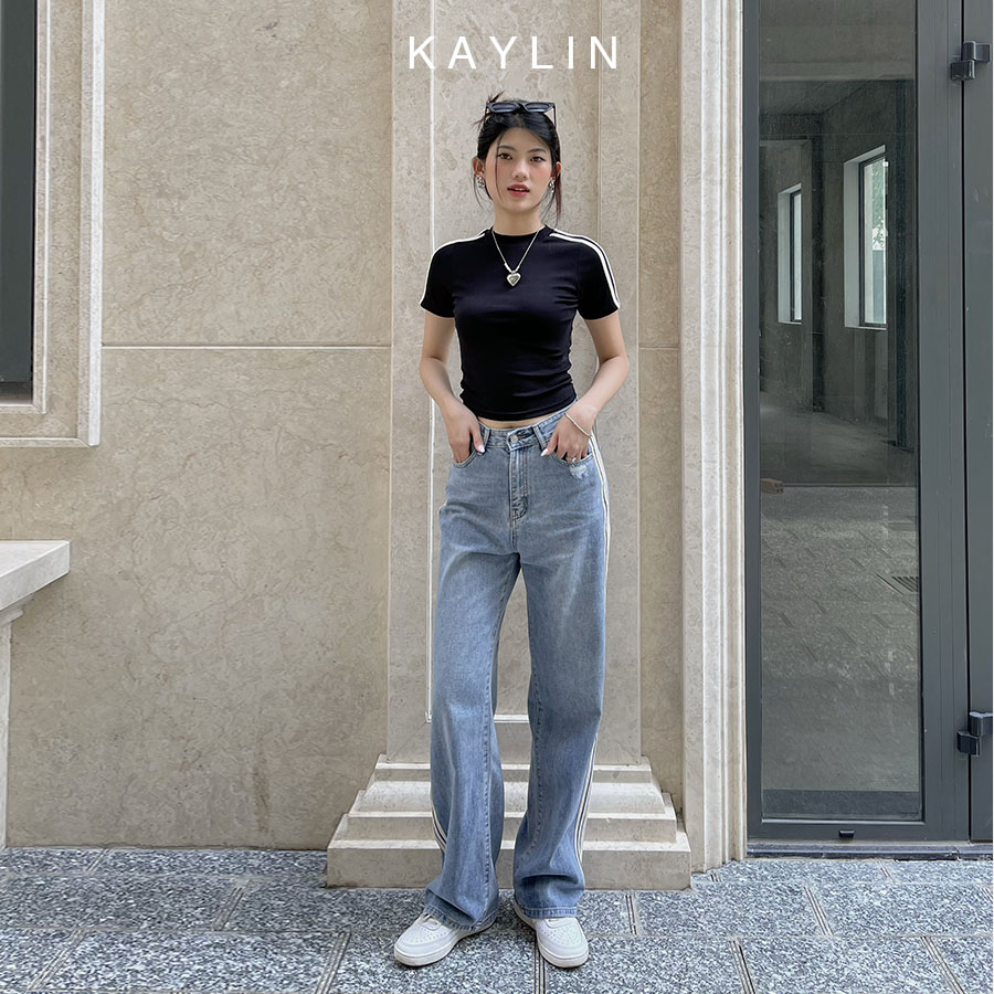 Quần jean nữ form suông phối 3 sọc phong cách basic thời trang KAYLIN - N2060
