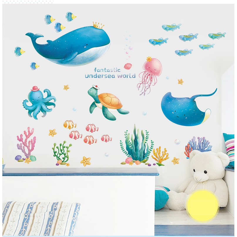 Decal dán tường họa tiết cá heo đại dương trang trí cửa phòng ngủ, phòng khách, tủ quần áo, vách kính nhà tắm Huệ Decor