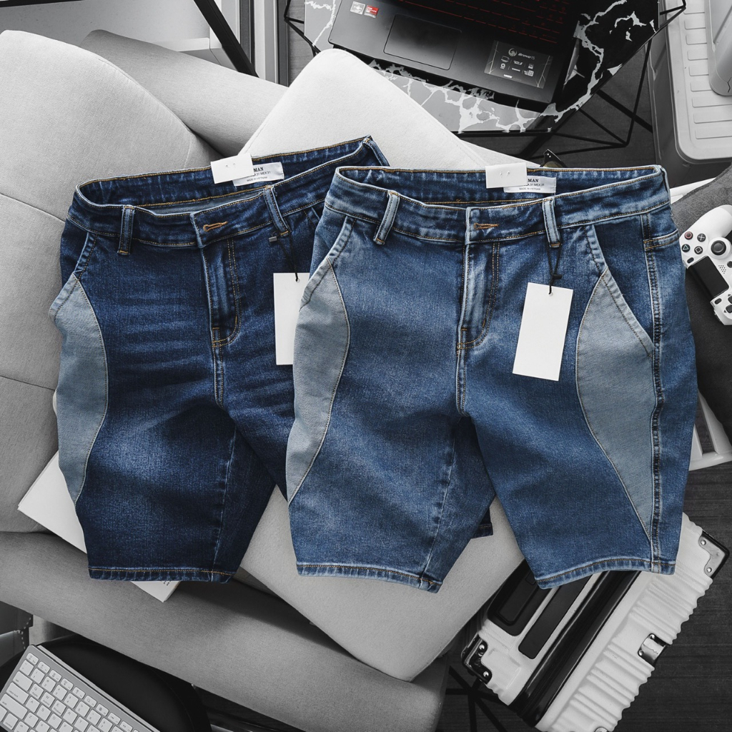 Quần short jean nam xuất khẩu co giãn simfit màu xanh túi chéo trên gối