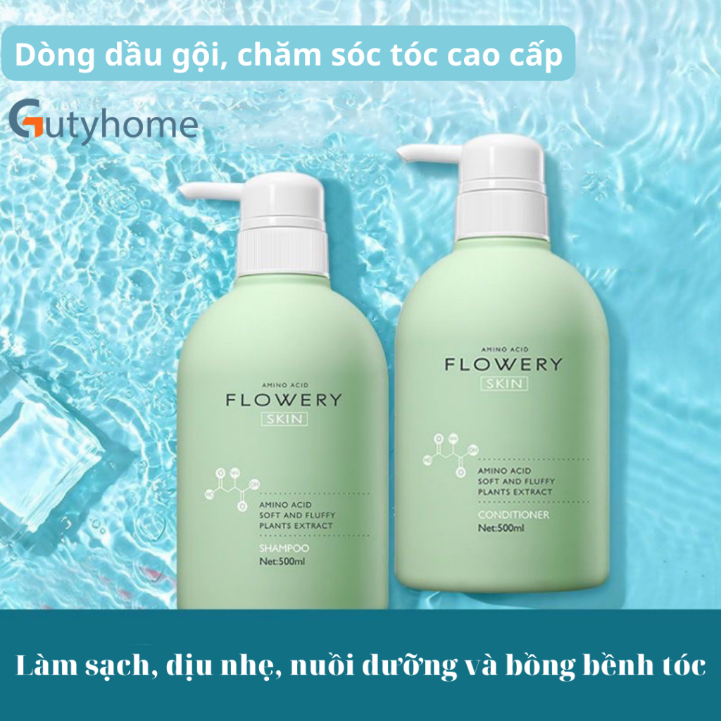 Combo dầu gội, dầu xả nước hoa muối biển Flowery 500ml, chăm sóc làm sạch sâu, óng ả suốt ngày dài