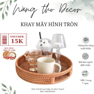 Dĩa mây tròn có tay cầm, khay mây đa năng, khay thực phẩm, khay đựng vật dụng, guột mây, phong cách Vintage