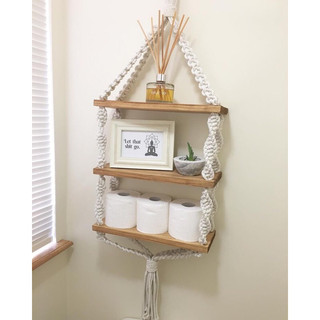Kệ gỗ thông dày treo tường 3 tầng thắt macrame