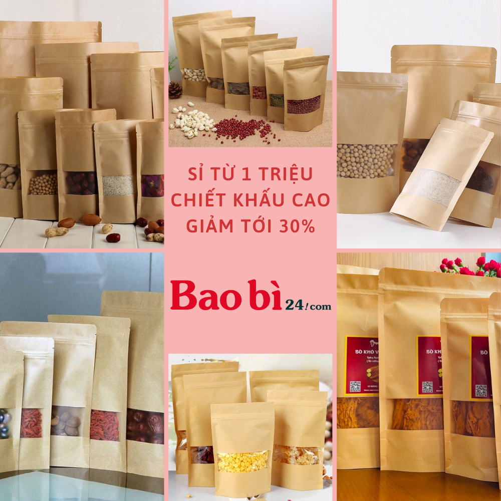 Túi ZIP giấy Kraft đáy đứng cửa sổ tràn có cán màng - Đựng thực phẩm chống thấm nước - Baobi24