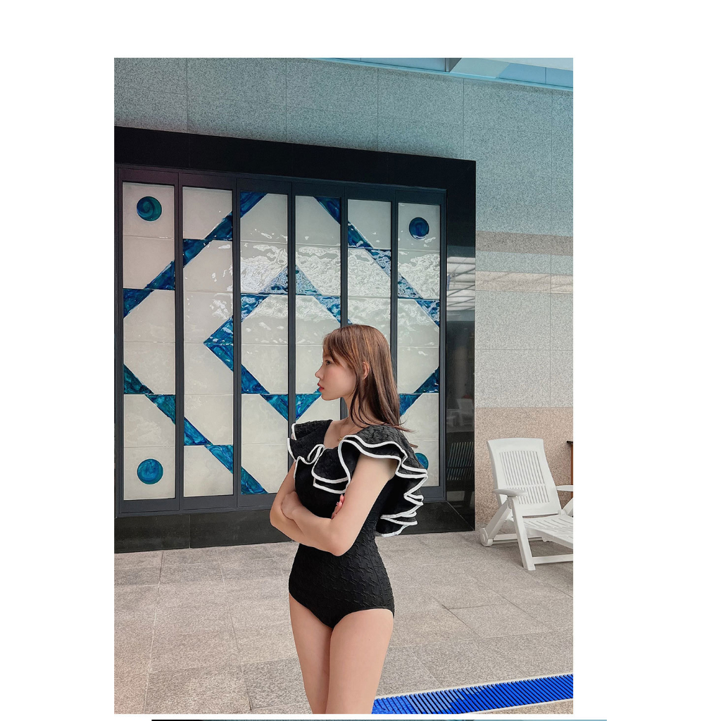 Mẫu mới bikini một mảnh đồ bơi viền bèo to sang chảnh thun gân cao cấp, monokini sang trọng màu đen che bụng tôn dáng