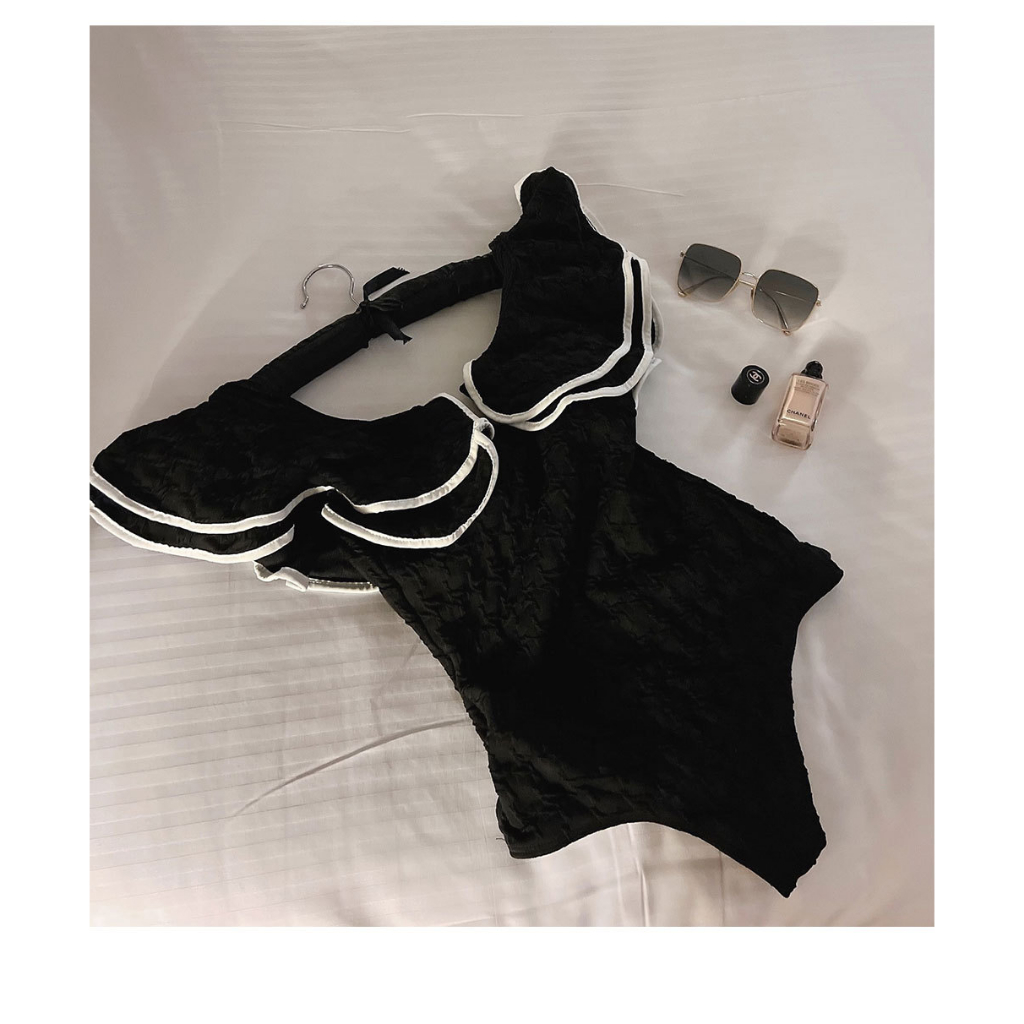 Mẫu mới bikini một mảnh đồ bơi viền bèo to sang chảnh thun gân cao cấp, monokini sang trọng màu đen che bụng tôn dáng