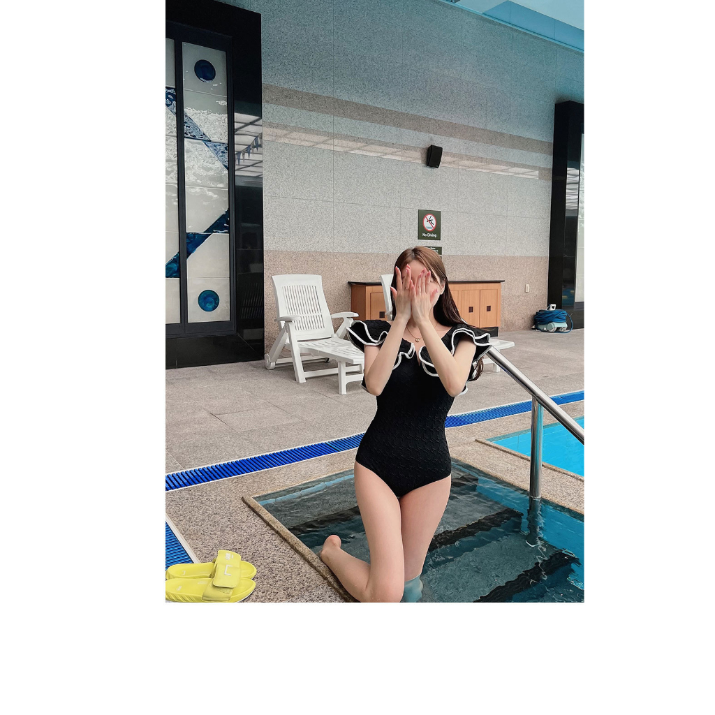 Mẫu mới bikini một mảnh đồ bơi viền bèo to sang chảnh thun gân cao cấp, monokini sang trọng màu đen che bụng tôn dáng