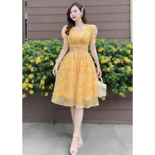ĐẦM HOA VOAN TAY PHỒNG CÓ MÚT ĐÍNH NÚT CƯỜM XINH XẮN ĐẸP XUẤT SẮC