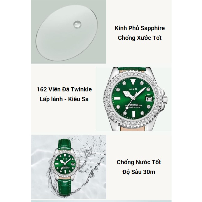 Đồng hồ nữ ZIDO có lịch ngày dây da mặt tròn đính đá full viền sang trọng Laxy Watch