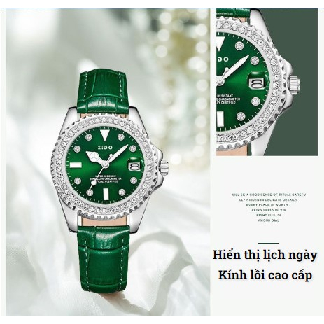 Đồng hồ nữ ZIDO có lịch ngày dây da mặt tròn đính đá full viền sang trọng Laxy Watch