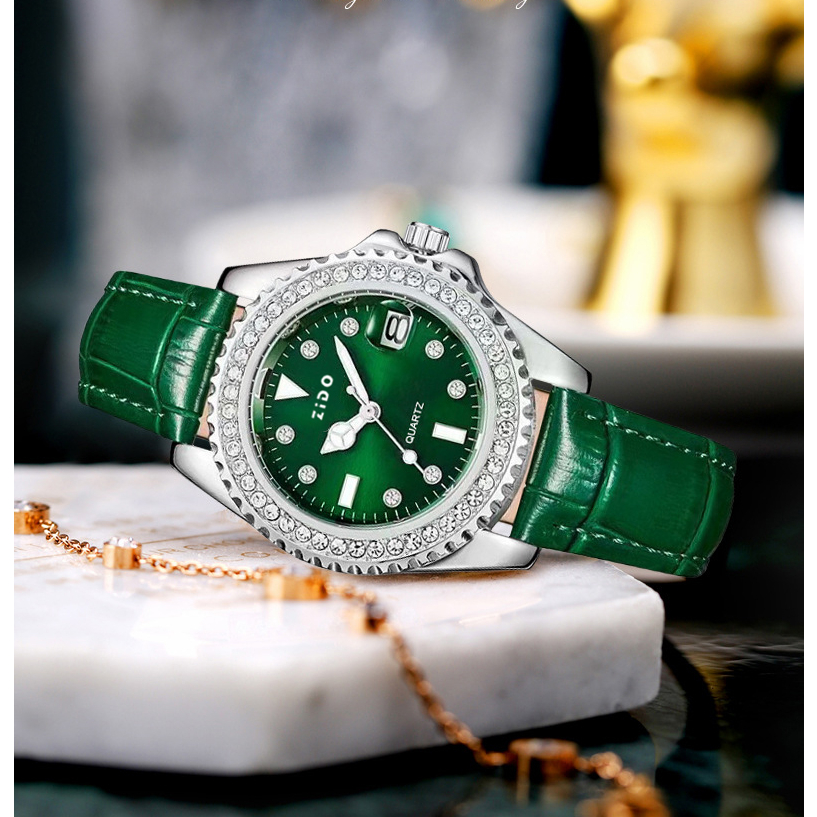 Đồng hồ nữ ZIDO có lịch ngày dây da mặt tròn đính đá full viền sang trọng Laxy Watch