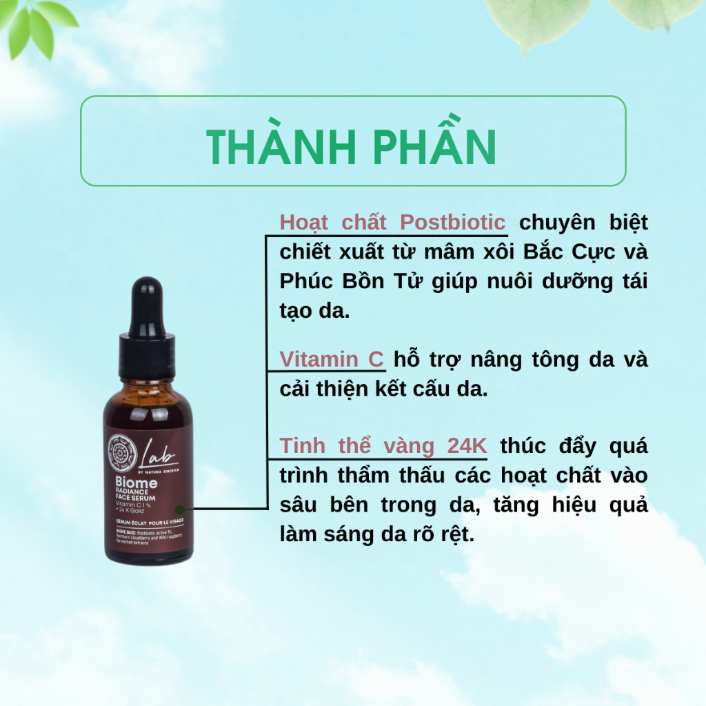 Serum trắng da Natura Siberica Lab Biome Radiance thành phần vitamin C và vàng 24K 30ml