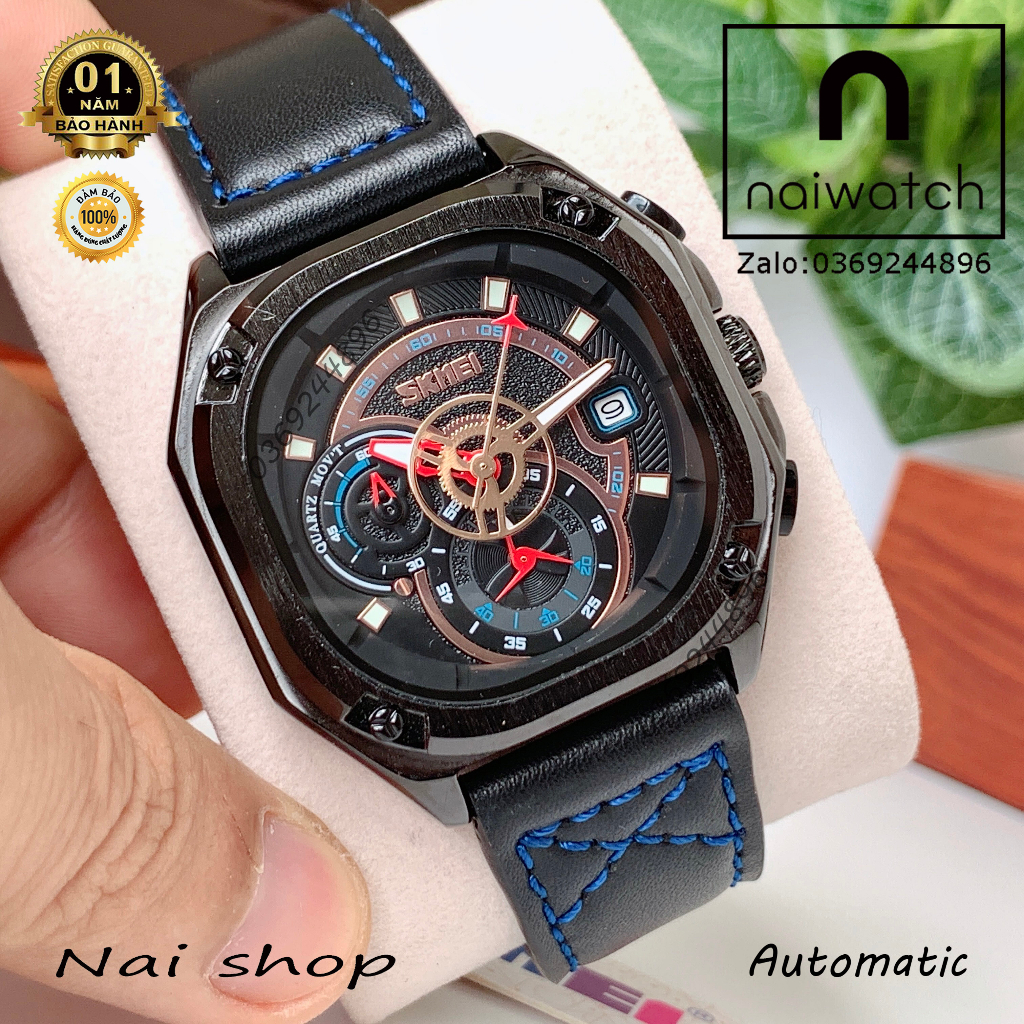 Đồng hồ nam Skmei dáng thể thao nam tính, toàn thân thép không gỉ bền bỉ, kiểu máy giả cơ cực đẹp