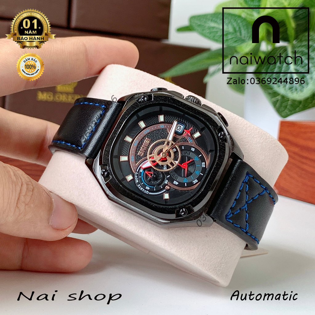 Đồng hồ nam Skmei dáng thể thao nam tính, toàn thân thép không gỉ bền bỉ, kiểu máy giả cơ cực đẹp