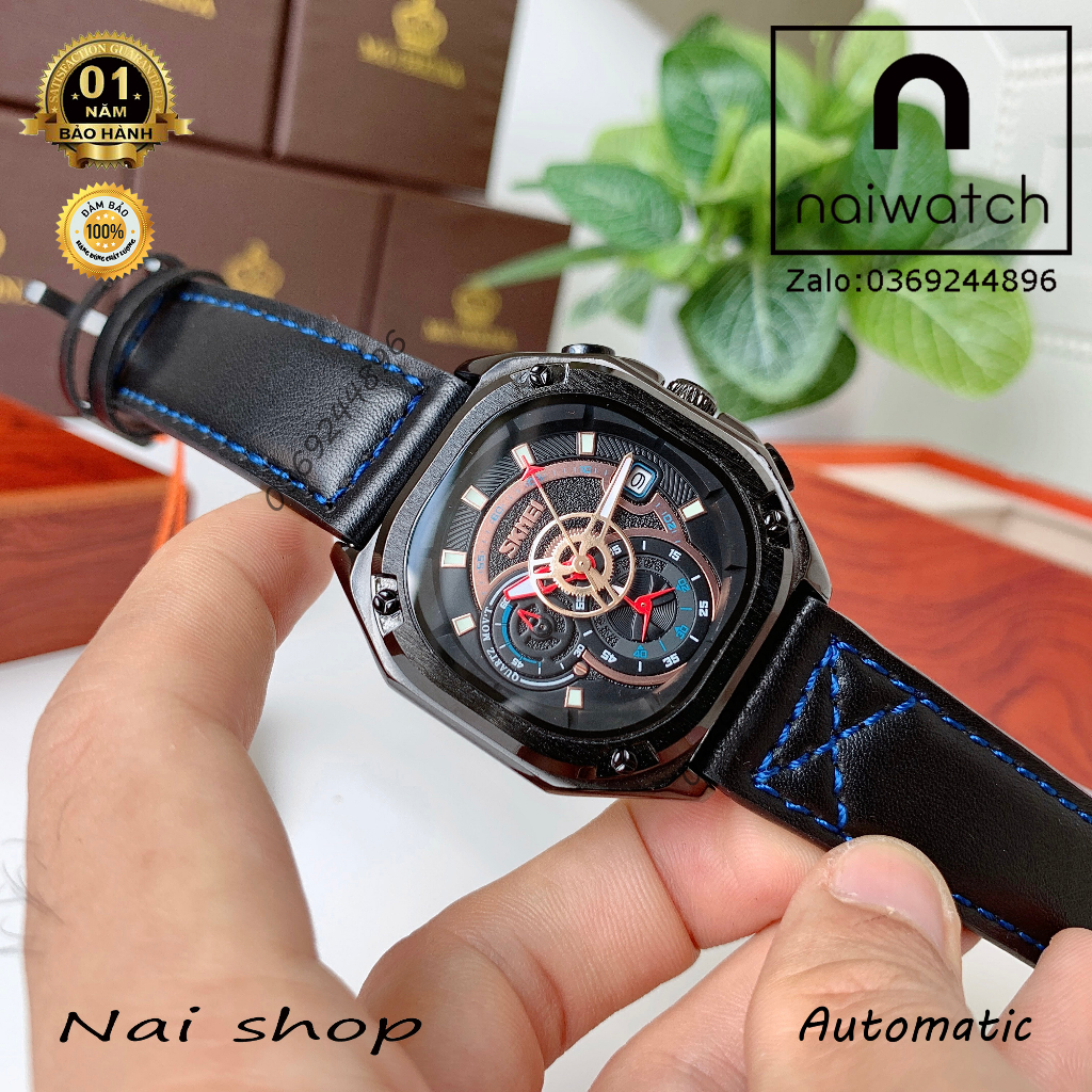 Đồng hồ nam Skmei dáng thể thao nam tính, toàn thân thép không gỉ bền bỉ, kiểu máy giả cơ cực đẹp