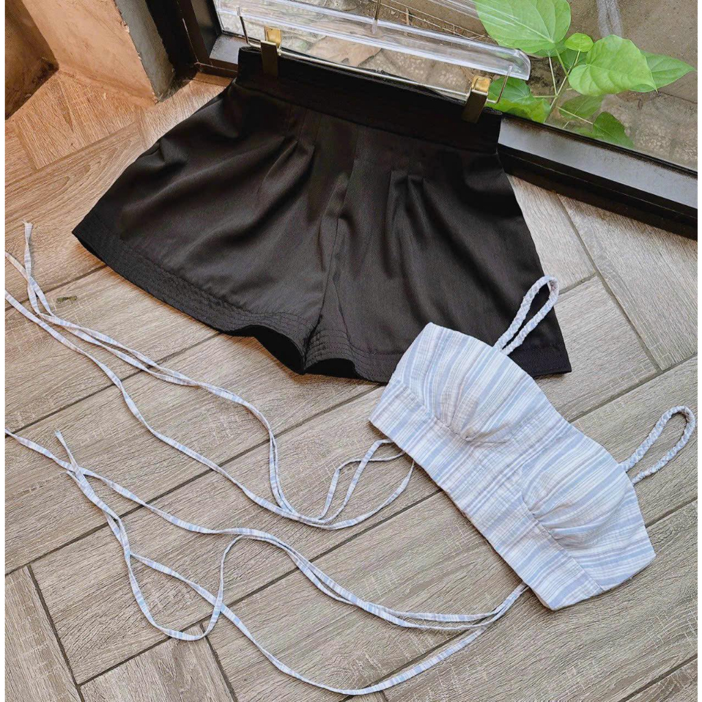 SET ÁO CROPTOP CÚP SỌC 2 DÂY THẮT +  SHORT BẢN EO