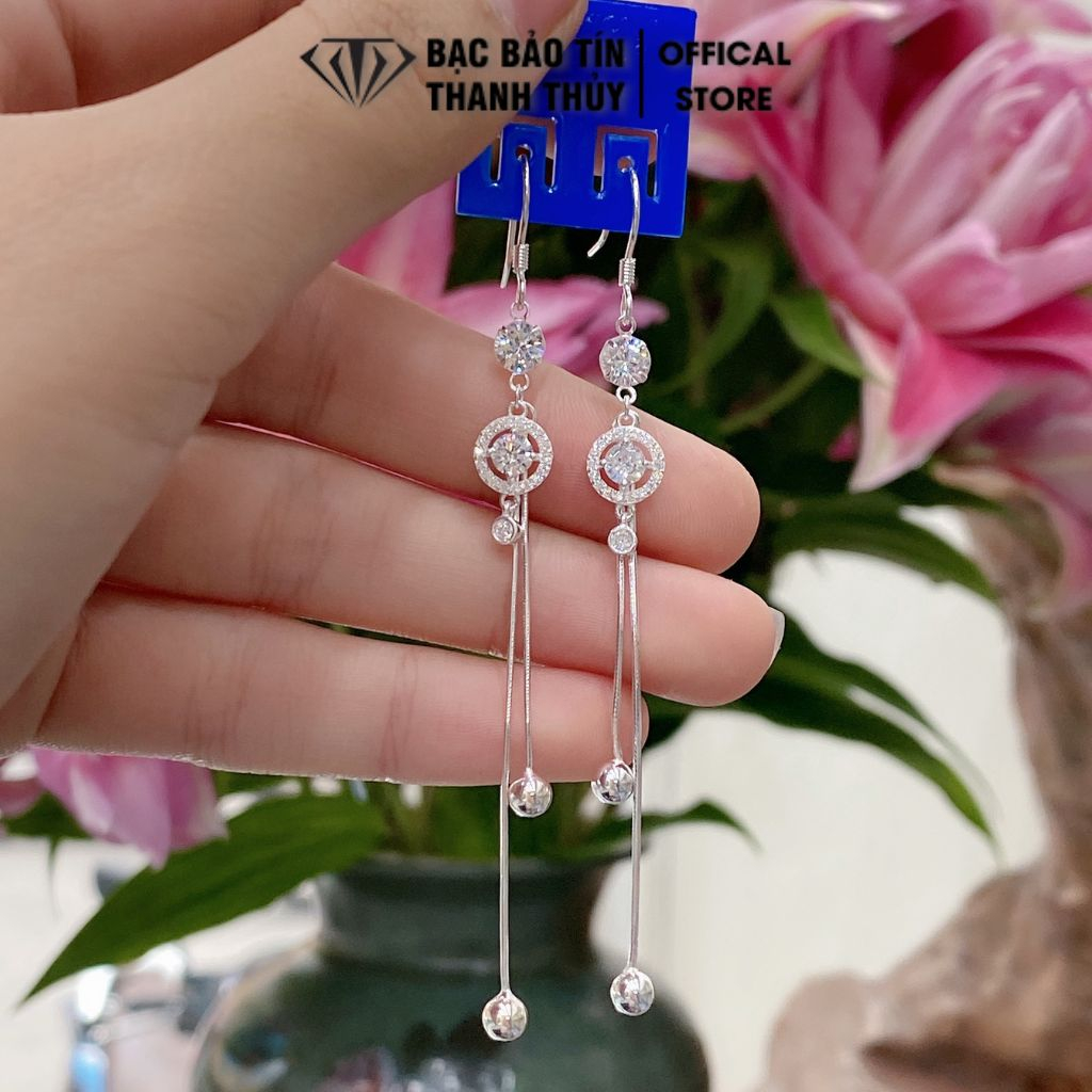 Bông tai bạc nữ, khuyên tai bạc kiểu tua dài Bảo Tín Thanh Thủy, chất liệu bạc ta nguyên chất