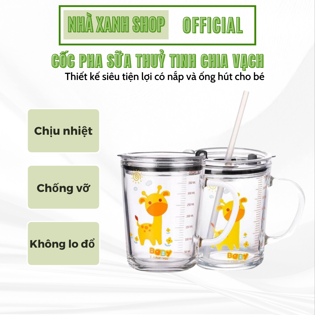 CỐC PHA SỮA THUỶ TINH CHIA VẠCH SIÊU TIỆN LỢI CÓ NẮP VÀ ỐNG HÚT CHO BÉ