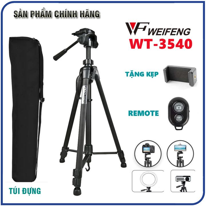 Gậy 3 chân Tripod điện thoại, chân máy ảnh Weifeng WT-3540 khung nhôm, chụp ảnh quay phim livestream (tặng kèm đầu kẹp)
