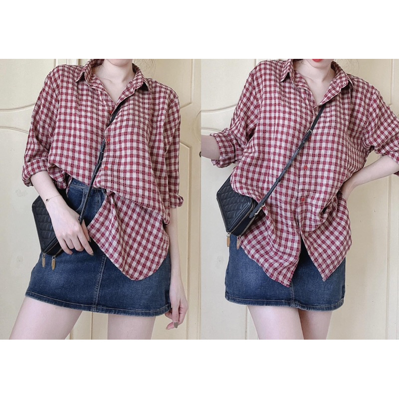 Sơ Mi Nữ Kẻ Ô nhỏ tay dài chất cotton xốp nhật nhẹ