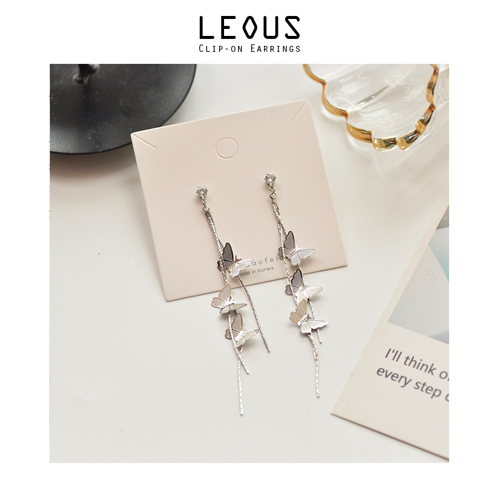 Khuyên tai kẹp không bấm lỗ chốt điều chỉnh K382 bằng hợp kim mạ bạc hình cánh bướm dáng dài Leous Accessories