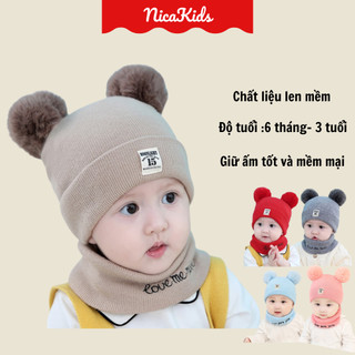 Set mũ và khăn 2 quả bông, mũ len cho bé KHÔNG lót lông KM-07