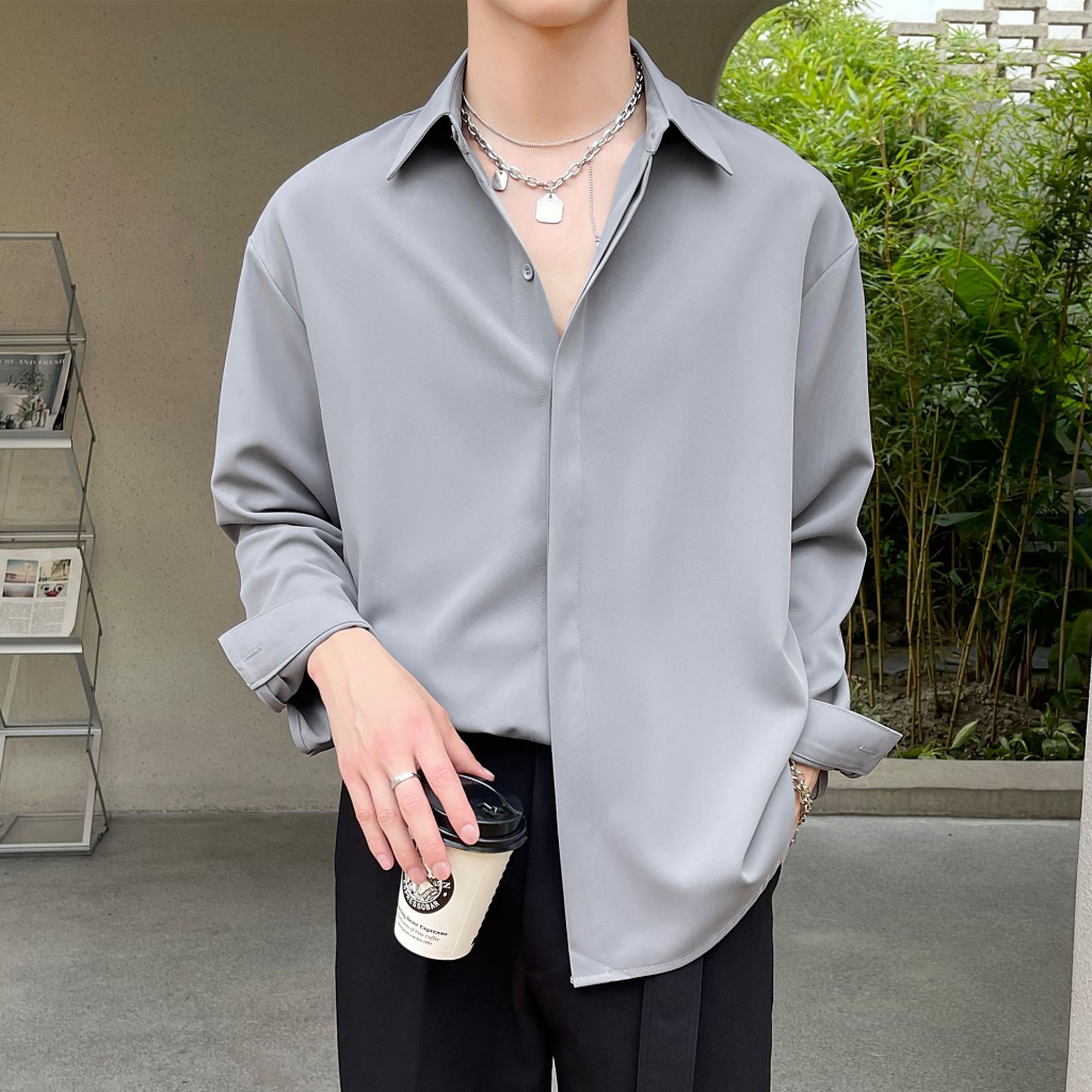 Áo sơ mi nam dài tay form rộng GIẤU NÚT,sơ mi nam trắng Hàn Quốc