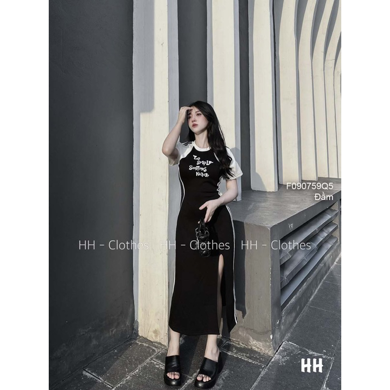Đầm thun viền sọc phối màu xẻ lai cá tính VIENS STORE