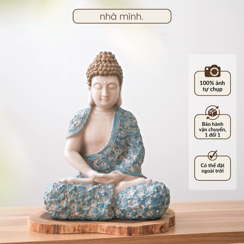 Tượng Phật Thích Ca Áo Xanh Cao 42cm Bằng Composite, Tượng Phật Thiền Định Decor Trang Trí Sân Vườn, Nhà Cửa